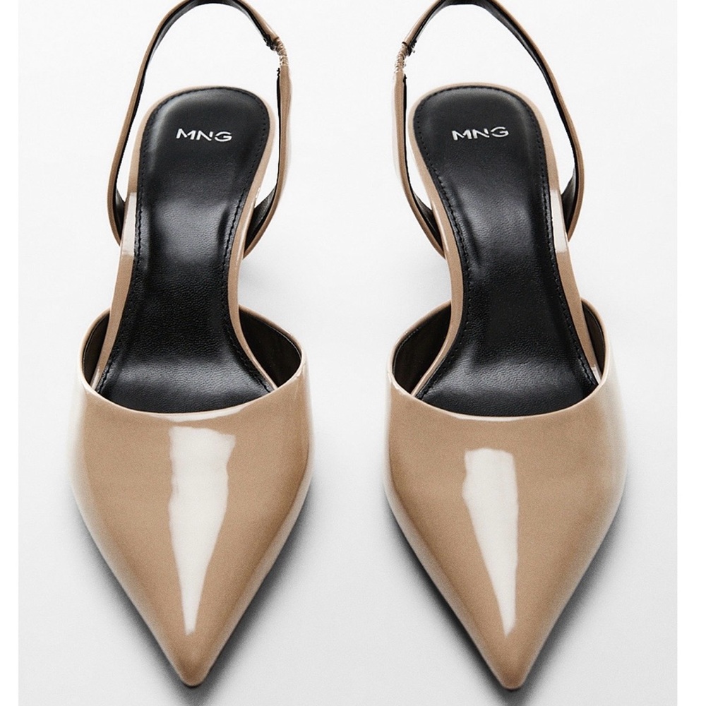 Mango Beige Patent Pointed-Toe Slingback Flats